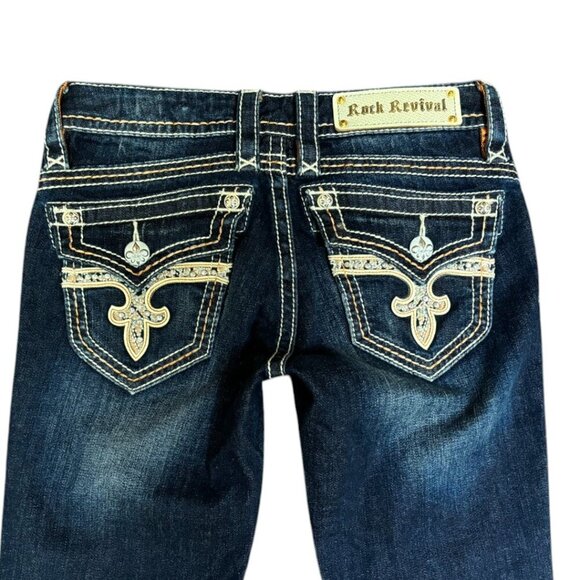 ROCK REVIVAL  SOPHIA BOOT‎ CUT DARK WASH FLEUR RHINESTONE JEANS SZ. 25" EUC - Picture 4 of 6